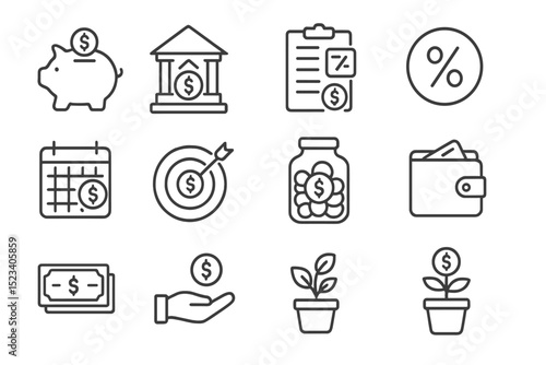 Finance icons set featuring savings, investments, and budget planning