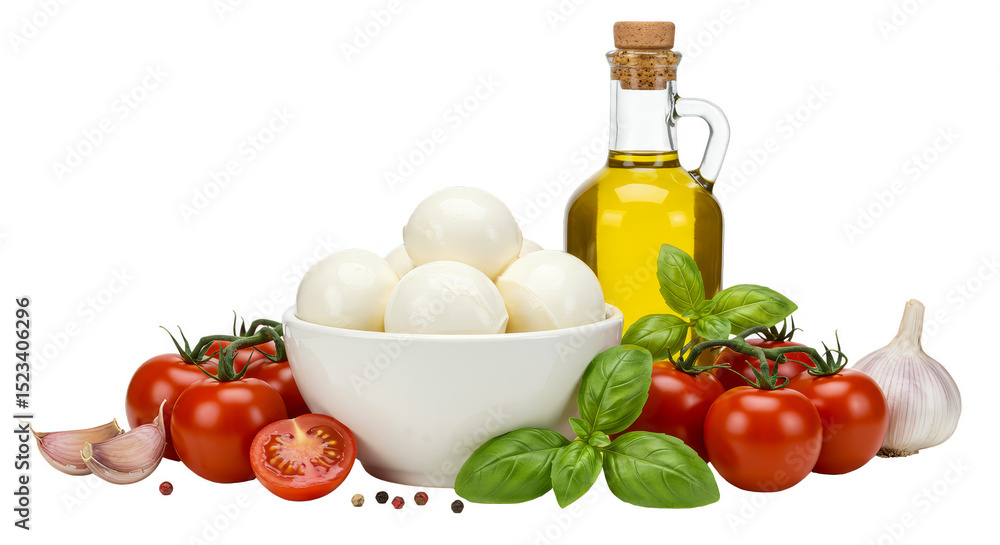 Isolated Transparent Background of Fresh Mozzarella With Tomato and Basil Isolated Transparent Background of Fresh Mozzarella With Tomato and Basil
