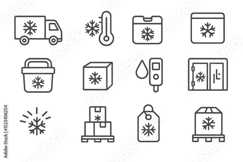 Cold chain logistics icons highlighting temperature control and storage solutions