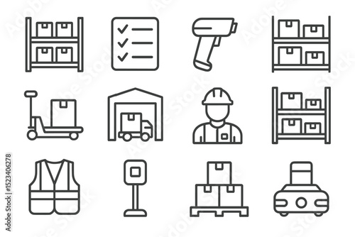 Warehouse icon set with logistics symbols and equipment icons