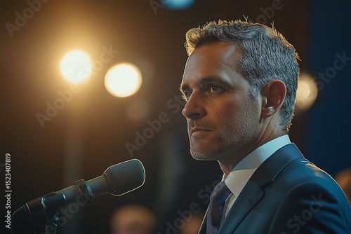 Politician's Captivating Address. Professional Interview and Speech on Stage at Political Conference