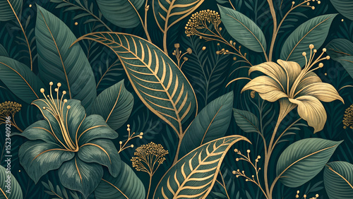 Vector seamless pattern illustration. Art Deco dark green leaves background. Luxury. Chic vintage floral pattern. Baroque shiny gold lines.
