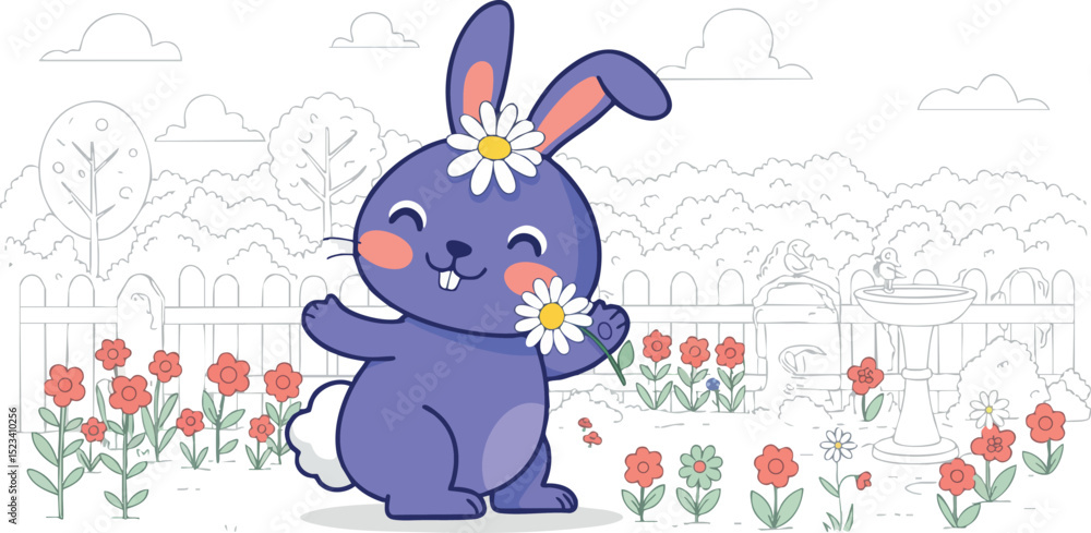 Fototapeta premium Cute purple bunny with flowers in spring garden vector illustration 