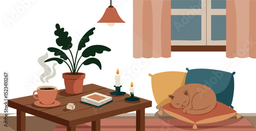 Cozy indoor living room scene with sleeping cat coffee table and window 
