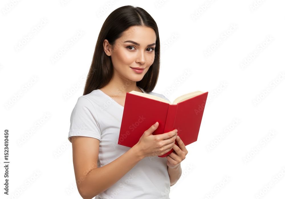 Portrait of Young Brunette Woman Reading Red Book in White Shirt PNG Portrait of Young Brunette Woman Reading Red Book in White Shirt PNG