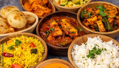 Different types of Indian dishes, Assorted food collection set 