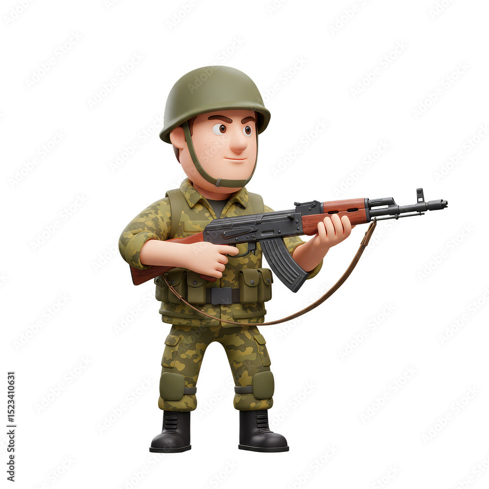 Fototapeta premium Realistic 3d Illustration of a Soldier Holding Rifle with Transparent Background