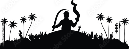 Silhouette of a person holding a sickle and a flag surrounded by palm trees and vegetation