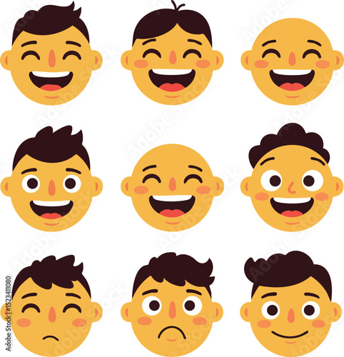 Male Facial Expressions Vector Set Showing Various Emotions in Cartoon Style 