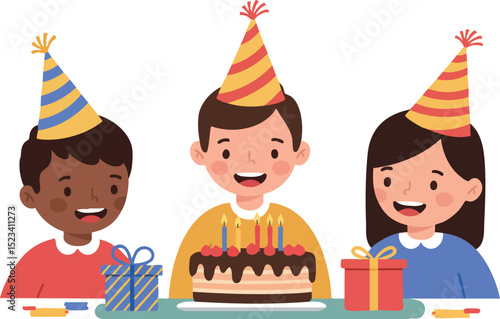 Children celebrating birthday party with cake and gifts in festive hats cheerful fun 