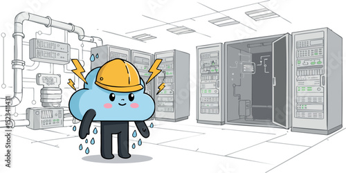 Cute cloud character with safety helmet in data center server room vector illustration 