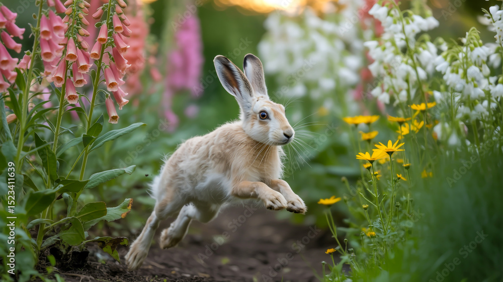 Fototapeta premium A digital illustration of a white hare running through a vibrant garden setting.