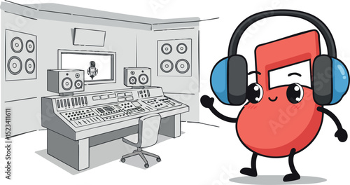 Cartoon Red Musical Note Wearing Headphones in Sound Recording Studio Vector Illustration 