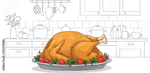 Roasted turkey on plate with tomatoes and herbs in kitchen vector illustration 