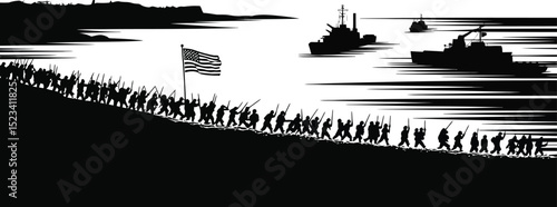 Black and white illustration of soldiers marching with american flag and navy ships in the background