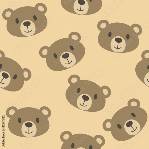 Cute cartoon bear faces seamless pattern on beige background. Ideal for children's textile or nursery decoration.