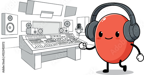 Cute cartoon red bean character with headphones in audio recording studio vector illustration 