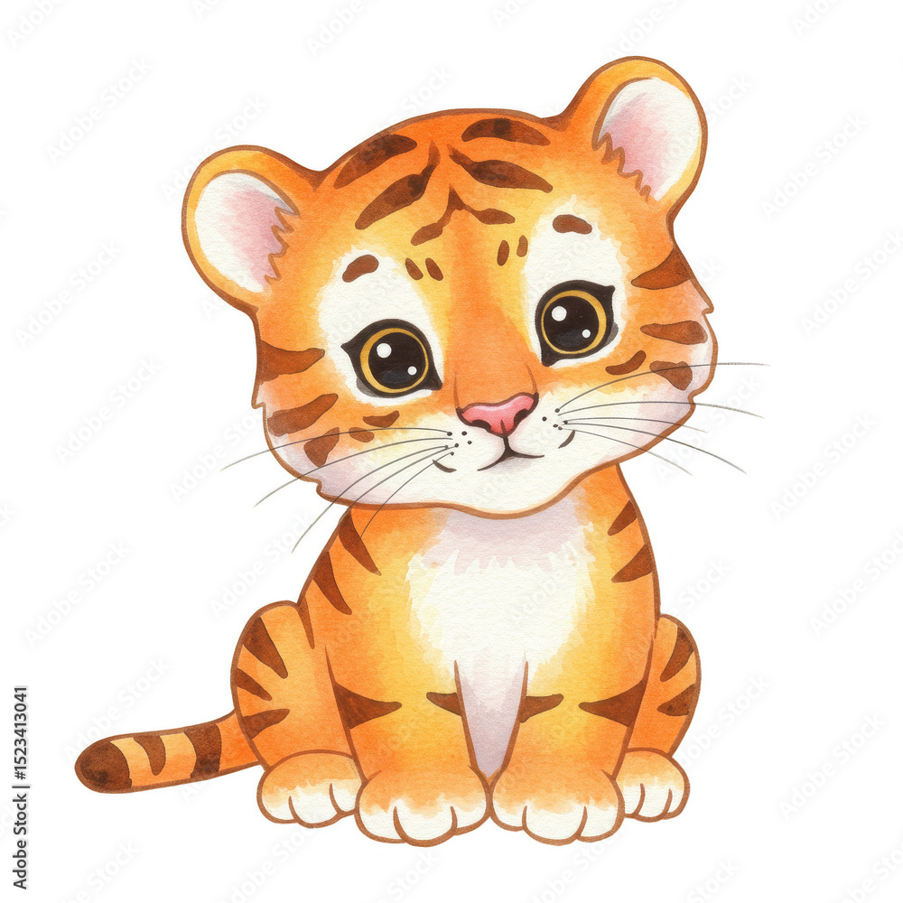 Obraz premium Watercolor Illustration of Cute Orange Striped Tiger Cub Animal Isolated