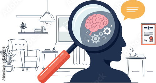 Human head silhouette with brain and gears under magnifying glass in office setting vector illustration 