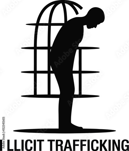 Silhouette of person trapped in cage with illicit trafficking text on white background graphic design