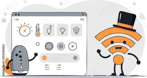 Smart Home Devices Connected with WiFi Signal and Voice Assistant Technology Vector Illustration 