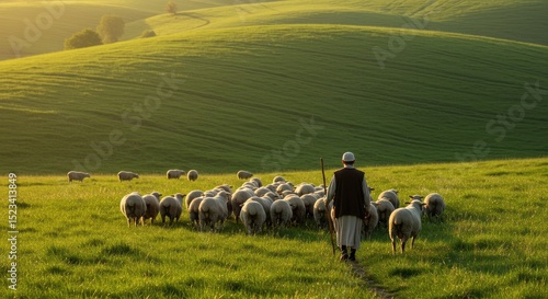 Shepherd guides a flock of sheep across green pasture hills