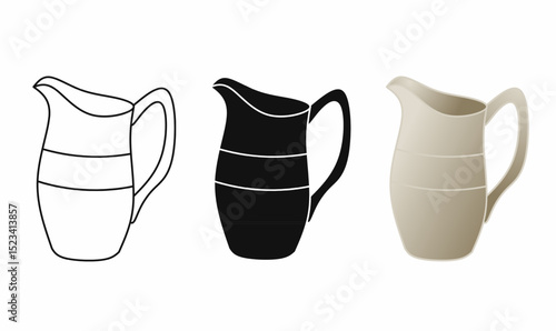 Ceramic water pitcher or jug vector set. outline, silhouette, and color. Realistic jug illustration for kitchen icon, food design, or homeware product mockup.