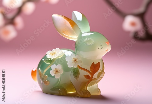Wallpaper Mural A beautifully sculpted jade-like Rabbit statue with a translucent body blending shades of green, white, and amber. Chinese culture, luxurious, and harmonious Torontodigital.ca