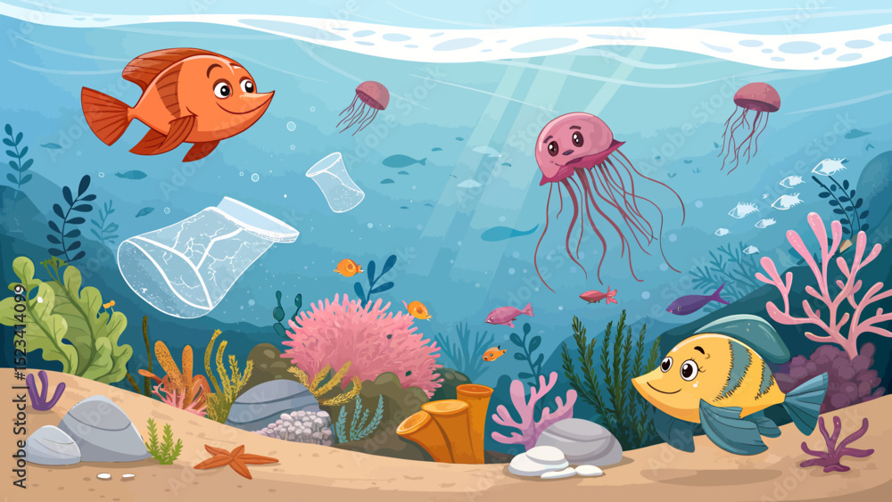 Naklejka premium Underwater Ecosystem Pollution with Plastic Debris