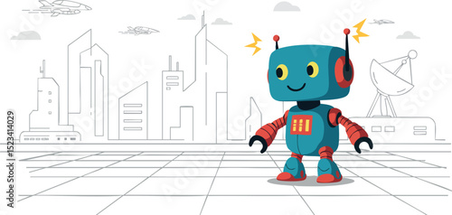 Blue and red playful robot with antennae in futuristic cityscape vector illustration 