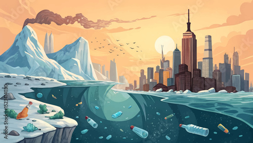 Artistic depiction of pollution melting ice and a distant city skyline