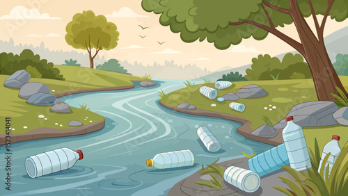 Cartoon illustration of polluted river with plastic bottles and environmental damage