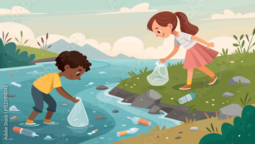 Children Cleaning Riverbank Collecting Litter in Plastic Bags Environmental Conservation