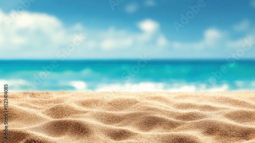 Fototapeta Naklejka Na Ścianę i Meble -  Soft sand beach in the foreground with blurred sea and blue sky in the background, creating a perfect summer vacation concept