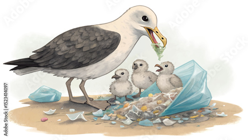 Seagull regurgitating plastic waste to feed hungry chicks environmental illustration