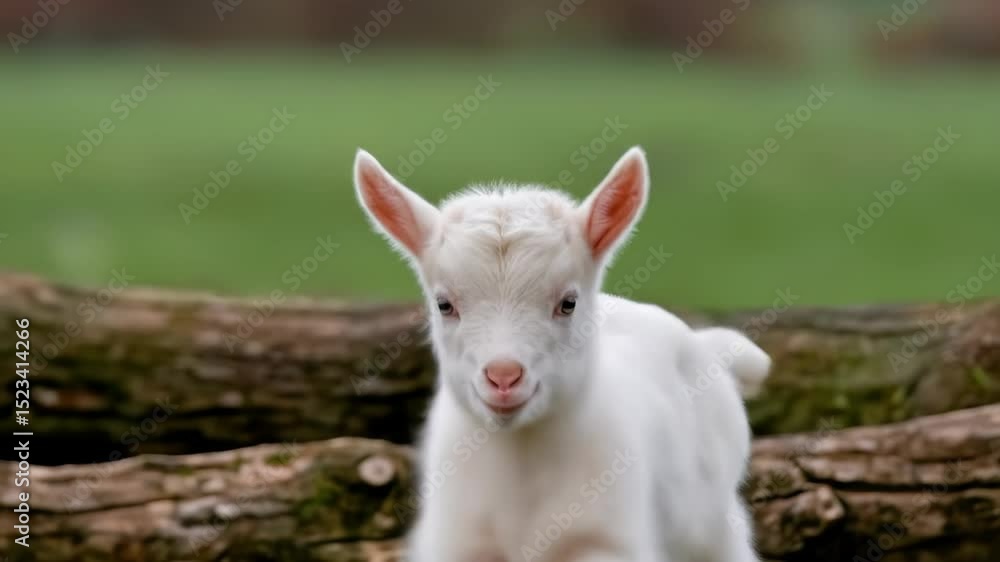 A tiny white goat kid stands outdoors its pink tongue slightly out against a green background A tiny white goat kid stands outdoors its pink tongue slightly out against a green background