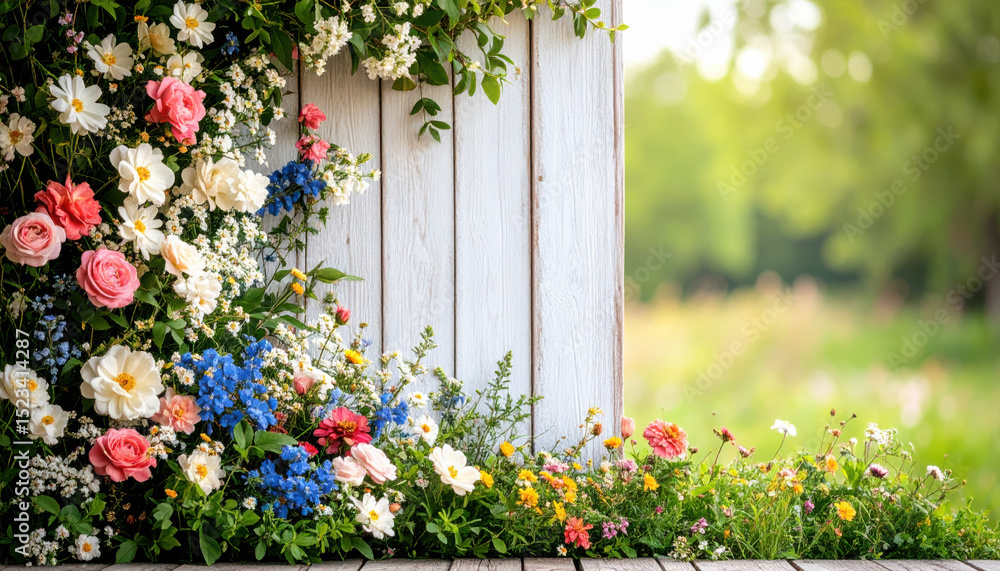 Fototapeta premium Rustic floral border with colorful wildflowers and roses in lower left corner, natural wooden fence background, bright outdoor garden scene, cheerful and vibrant atmosphere