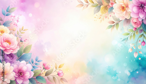 Romantic floral border in lower left and upper right corners with dreamy pastel background, soft light, and space for text, evoking gentle, uplifting mood