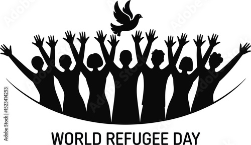World refugee day illustration featuring silhouettes of people with raised hands and a dove flying above
