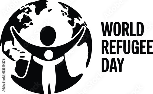 World refugee day graphic featuring a globe and two stylized figures in black and white design