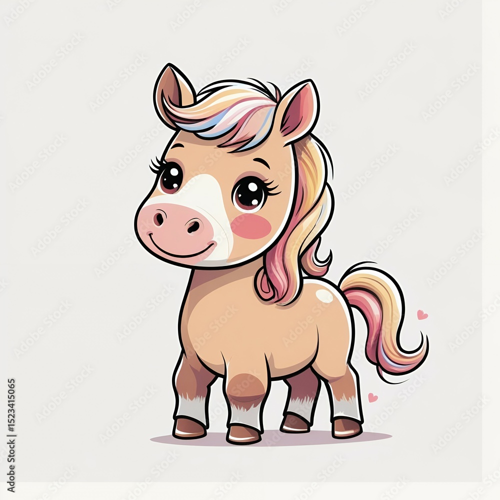 Obraz premium Adorable cartoon unicorn foal with pastel mane standing in meadow full of flowers inspiring joy and magic