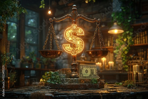 Wallpaper Mural Antique scales with glowing dollar sign, nestled in a mystical apothecary setting Torontodigital.ca