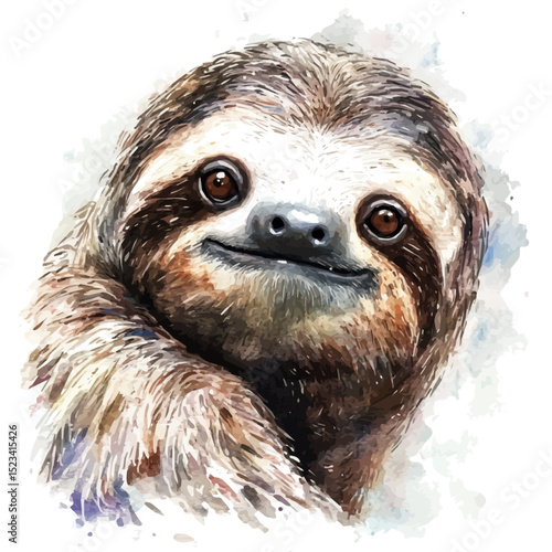 Sloth Close Up, watercolor illustration vector, high quality, isolated on a white background.