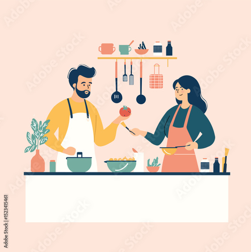 Cooking Together – Vector Illustration of a Couple in the Kitchen