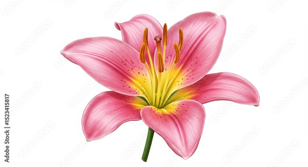 Naklejka premium Pink lily flower illustration on white background, blooming oriental lily with yellow center, botanical floral element for wedding and greeting card design
