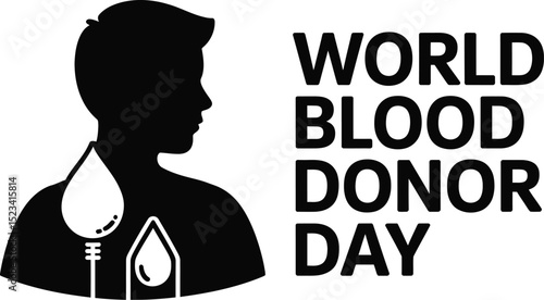 Silhouette of a person with blood donation symbol and world blood donor day text on a white background