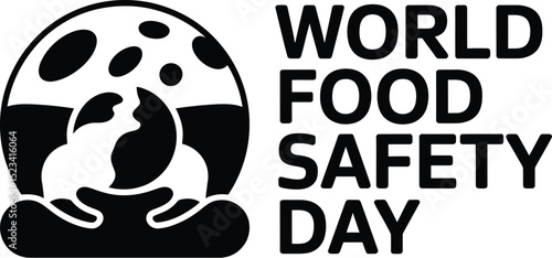 World food safety day logo featuring hands holding the earth inside a dotted circle in black and white