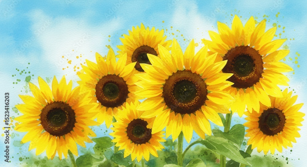 Obraz premium Watercolor sunflower illustration, vibrant yellow blooming sunflowers against blue sky, floral summer garden painting, artistic botanical background