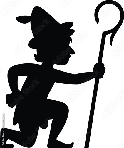 Silhouette of a kneeling man with a pointed hat holding a shepherd's crook on a white background