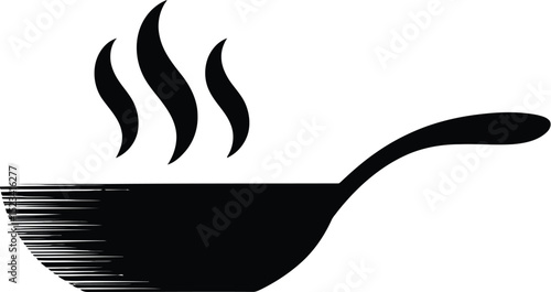 A black silhouette of a frying pan with steam rising on a light gray background illustration style